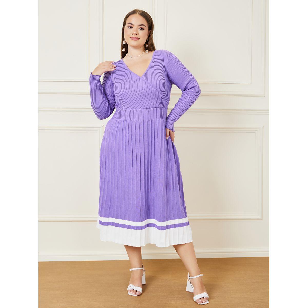 Styli Plus Striped Hem Knit Sweater Midi Dress-women-clothing-dresses-image-1