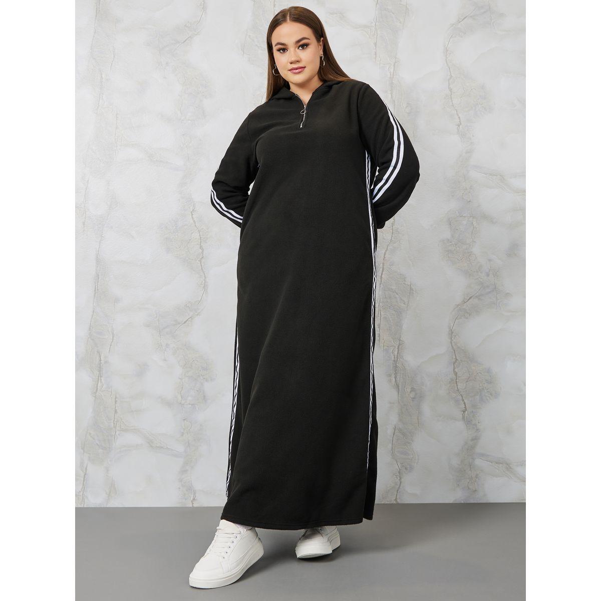 Styli Plus Side Striped Hooded Sweatshirt Maxi Dress-women-clothing-dresses-image-1