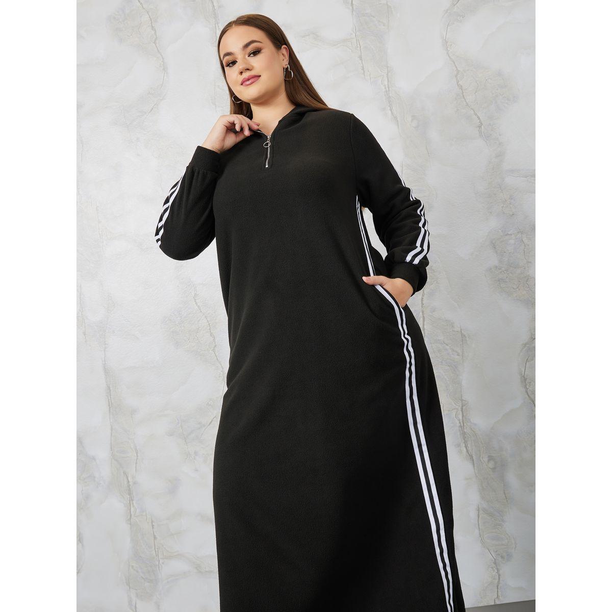 Styli Plus Side Striped Hooded Sweatshirt Maxi Dress-women-clothing-dresses-image-2