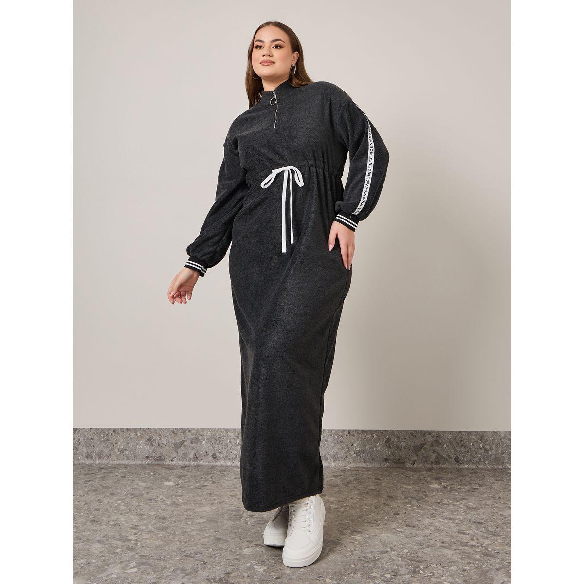 Styli Plus Half Zip Tie Up Maxi Sweatshirt Dress-women-clothing-dresses-image-1