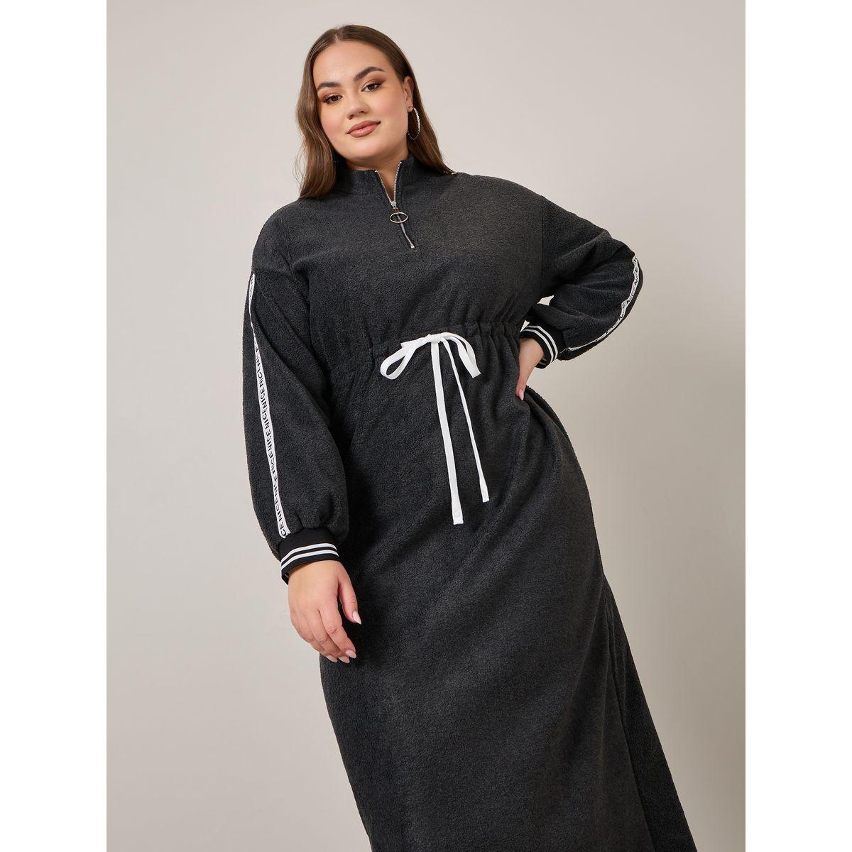 Styli Plus Half Zip Tie Up Maxi Sweatshirt Dress-women-clothing-dresses-image-2