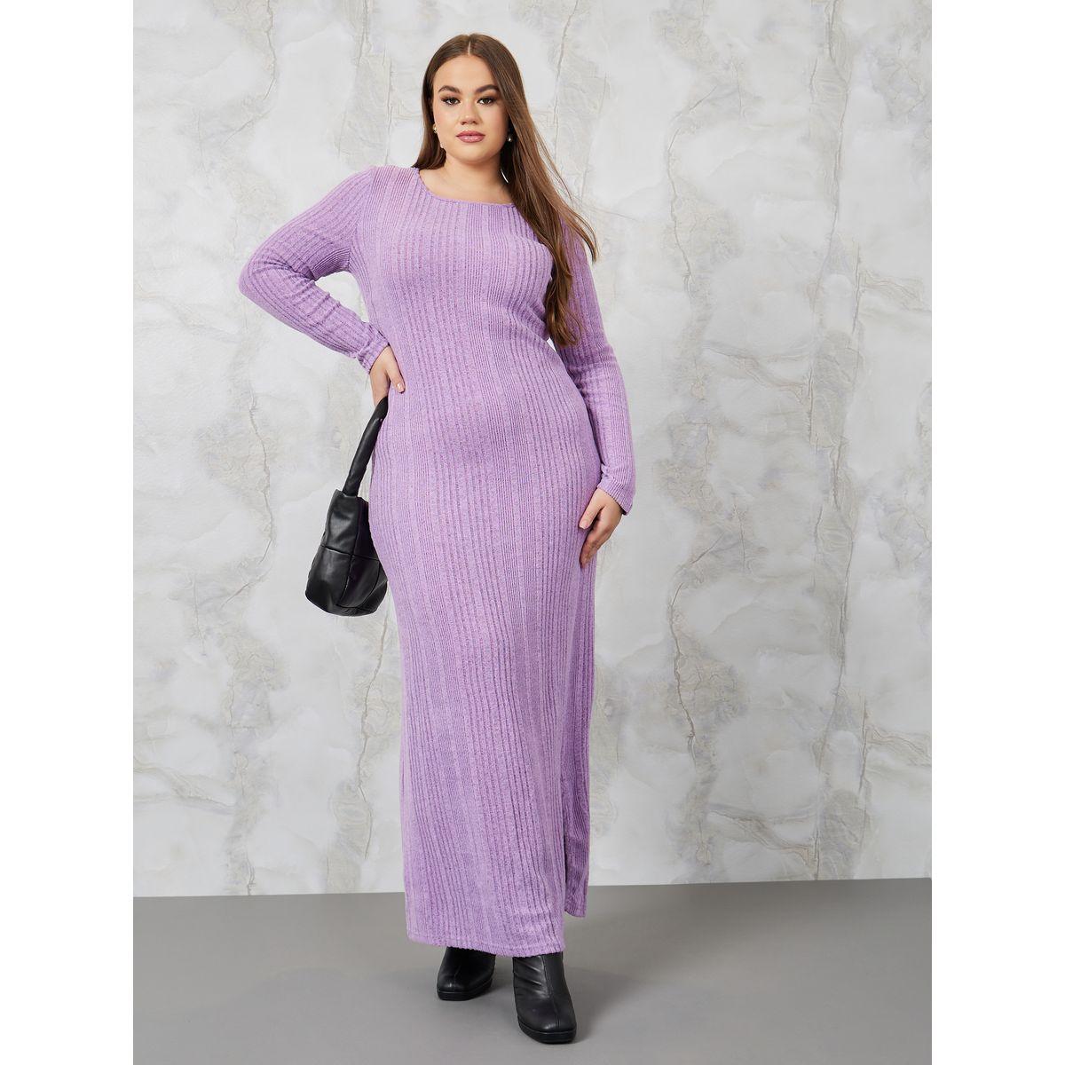 Styli Plus Ribbed Knit Maxi Dress with Side Slit-women-clothing-dresses-image-1