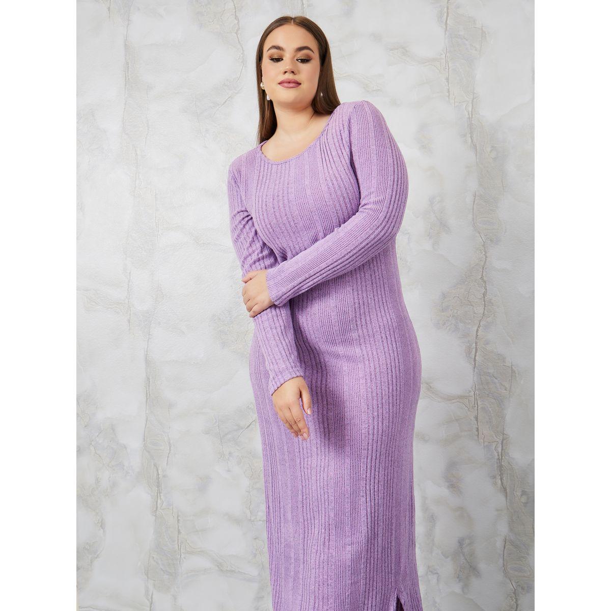 Styli Plus Ribbed Knit Maxi Dress with Side Slit-women-clothing-dresses-image-2