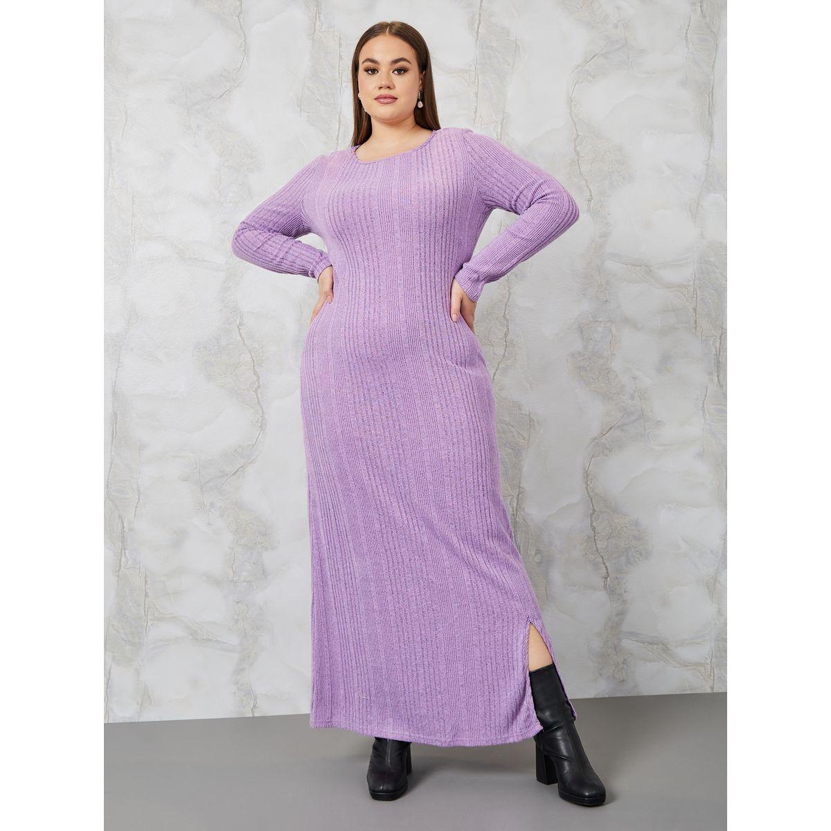 Styli Plus Ribbed Knit Maxi Dress with Side Slit-women-clothing-dresses-image-4