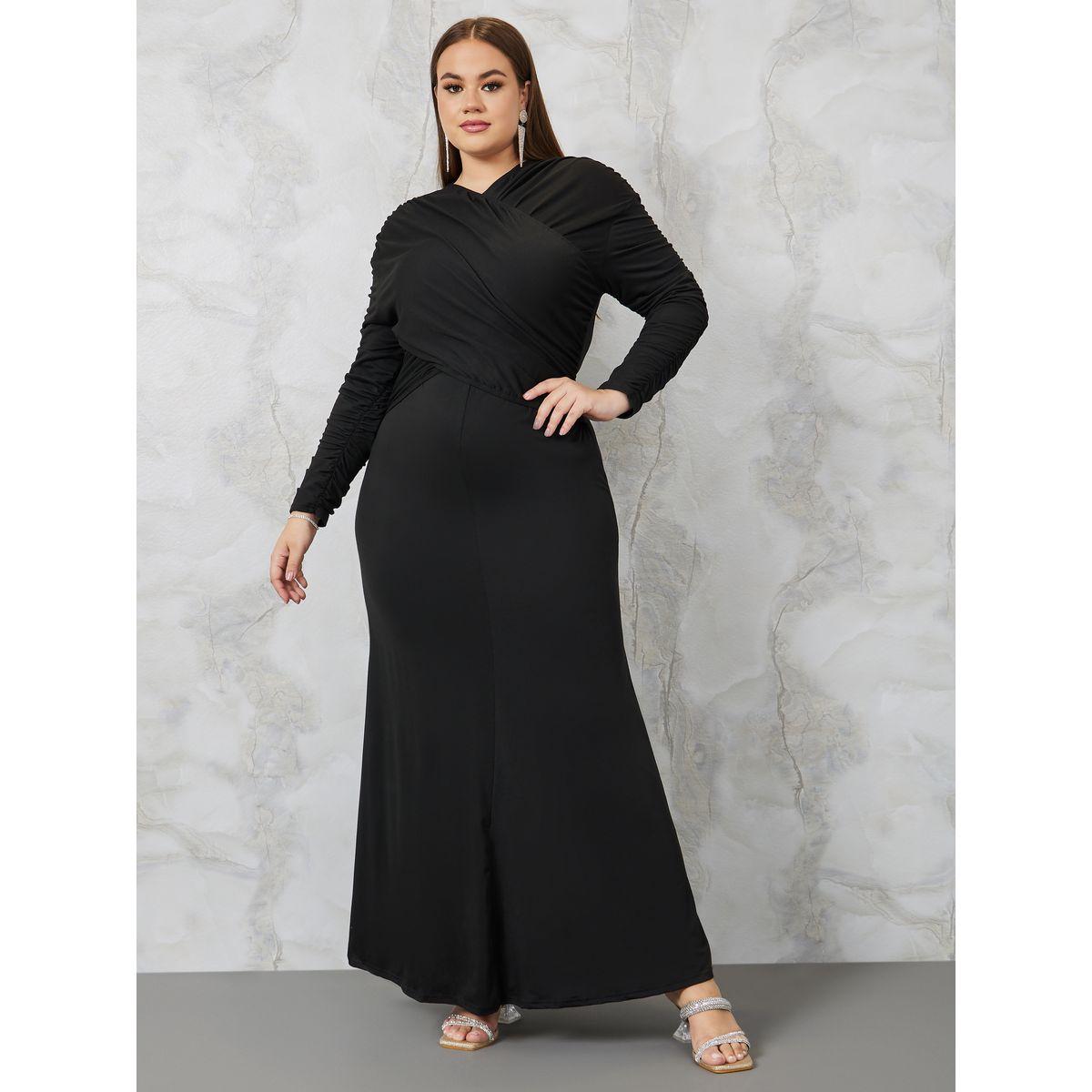 Styli Plus Gathered Front Wrap Front Maxi Dress-women-clothing-dresses-image-1