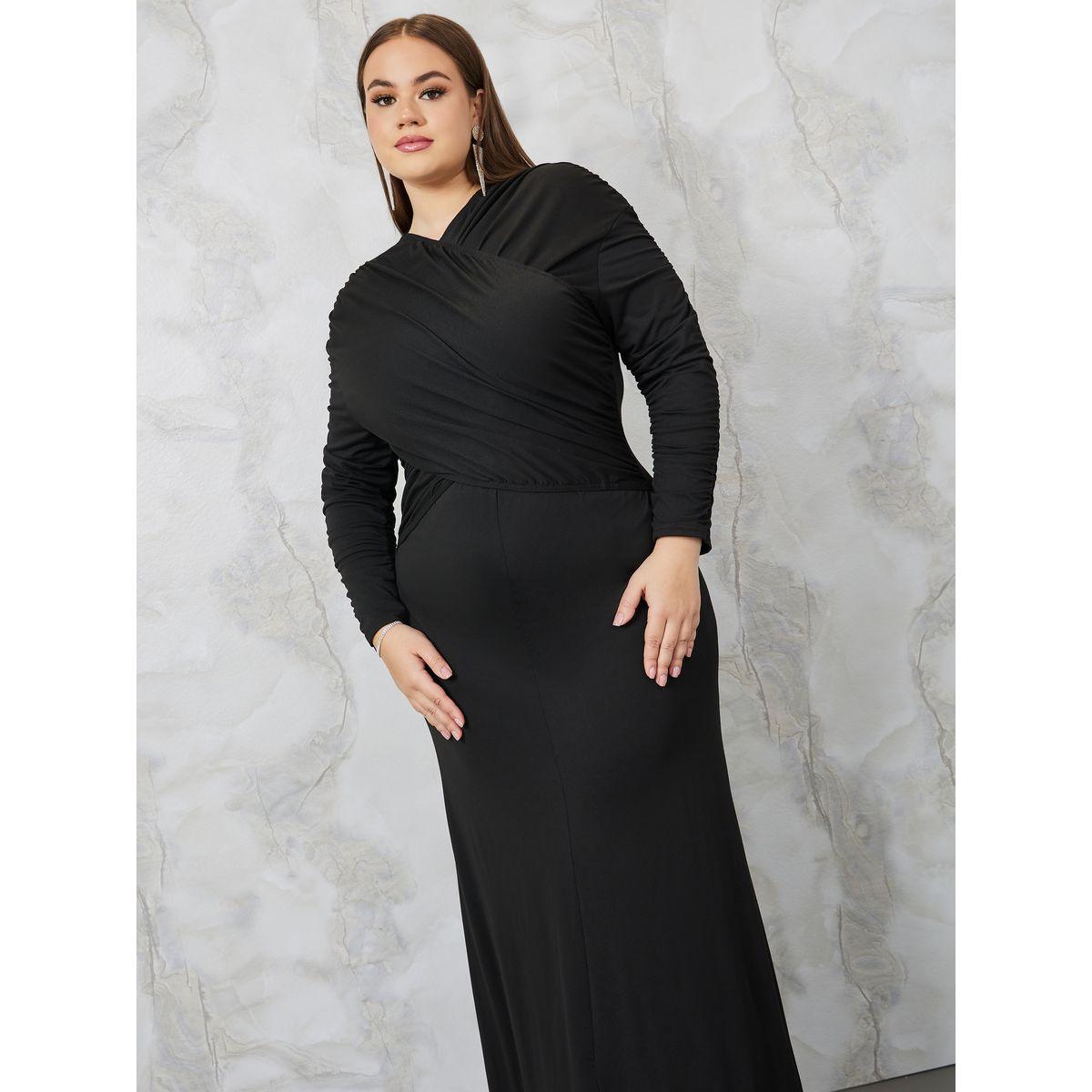 Styli Plus Gathered Front Wrap Front Maxi Dress-women-clothing-dresses-image-2