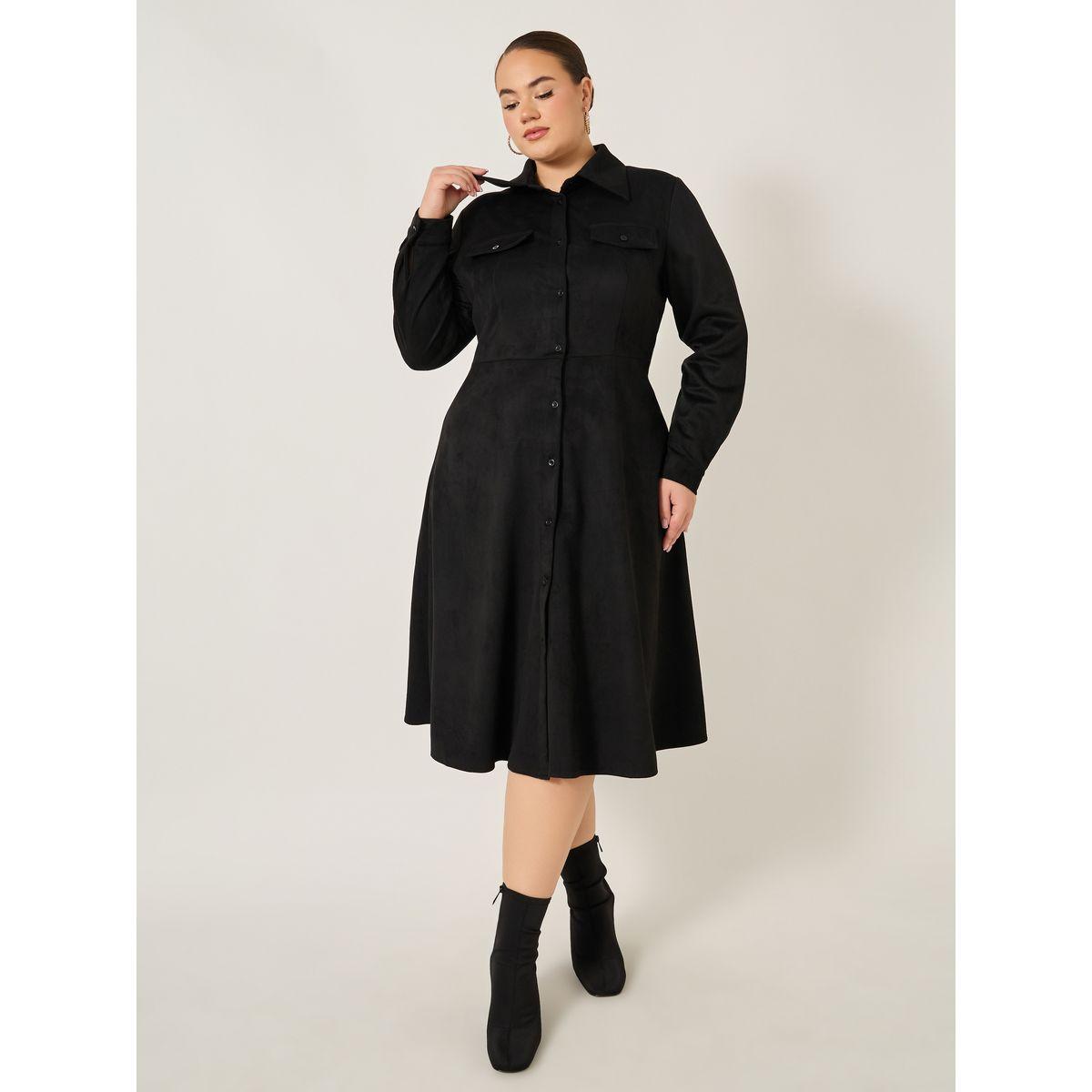 Styli Plus Size Velvet Look Long Sleeves Shirt Midi Dress-women-clothing-dresses-image-1
