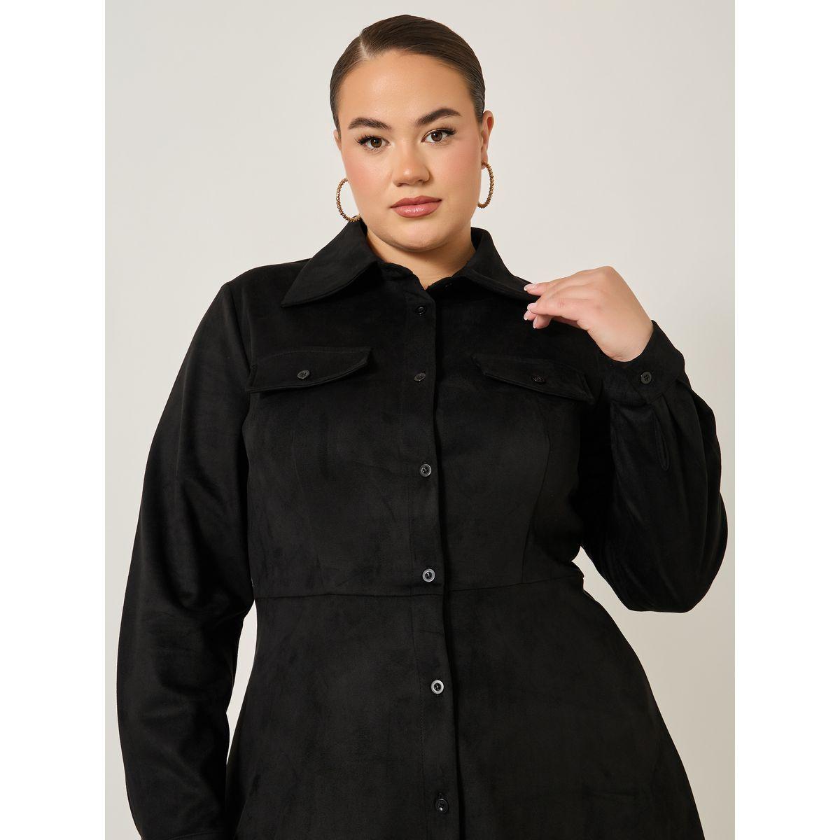Styli Plus Size Velvet Look Long Sleeves Shirt Midi Dress-women-clothing-dresses-image-4
