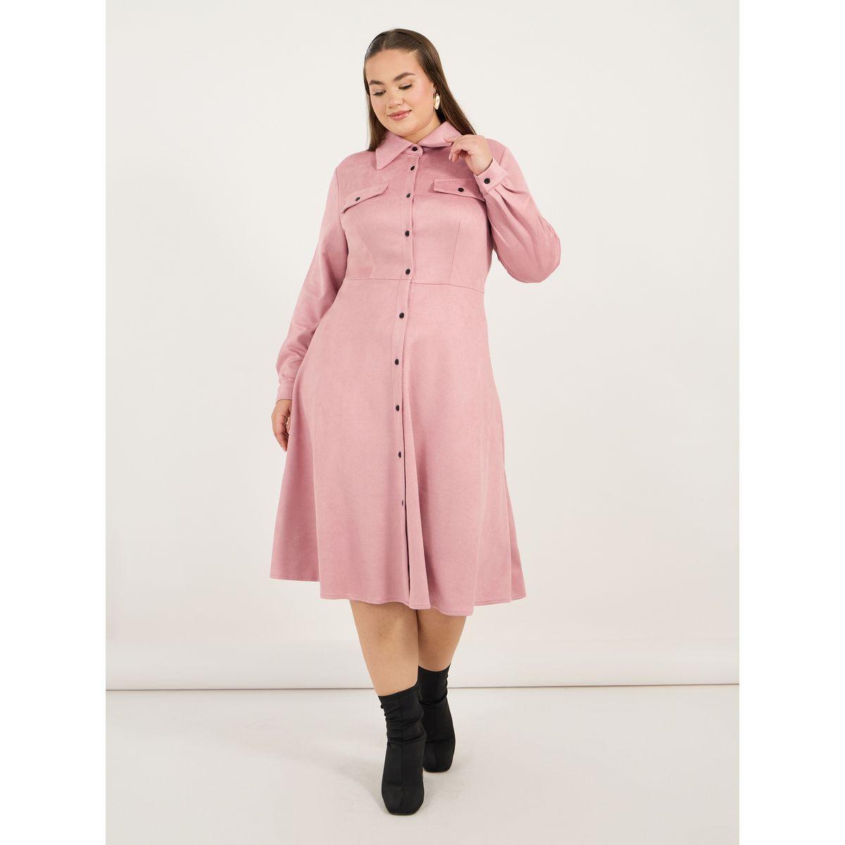 Styli Plus Size Suede Look Shirt Midi Dress with Buttons-women-clothing-dresses-image-1