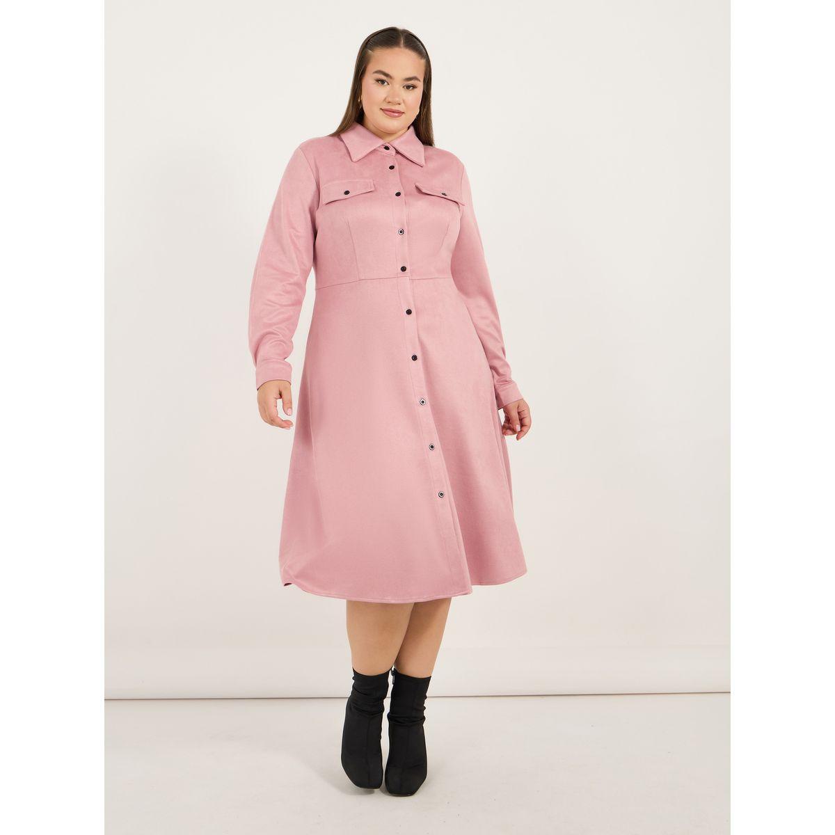 Styli Plus Size Suede Look Shirt Midi Dress with Buttons-women-clothing-dresses-image-3