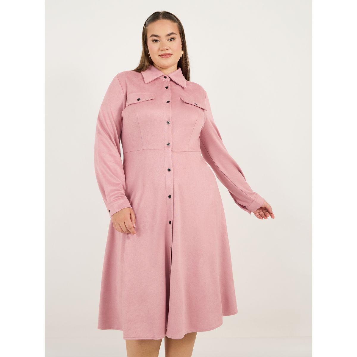 Styli Plus Size Suede Look Shirt Midi Dress with Buttons-women-clothing-dresses-image-4