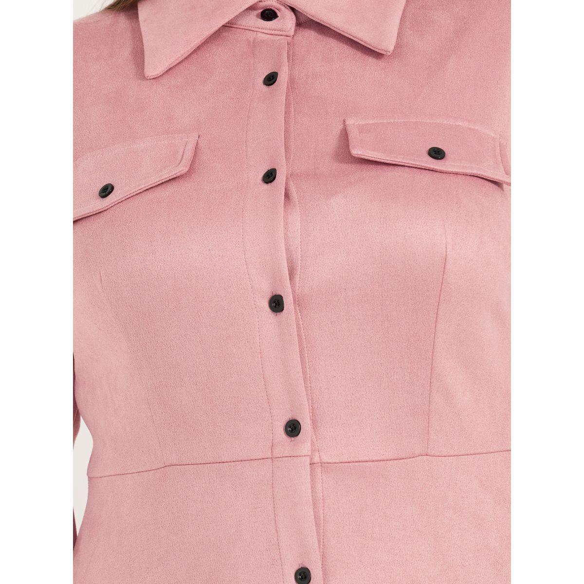 Styli Plus Size Suede Look Shirt Midi Dress with Buttons-women-clothing-dresses-image-5