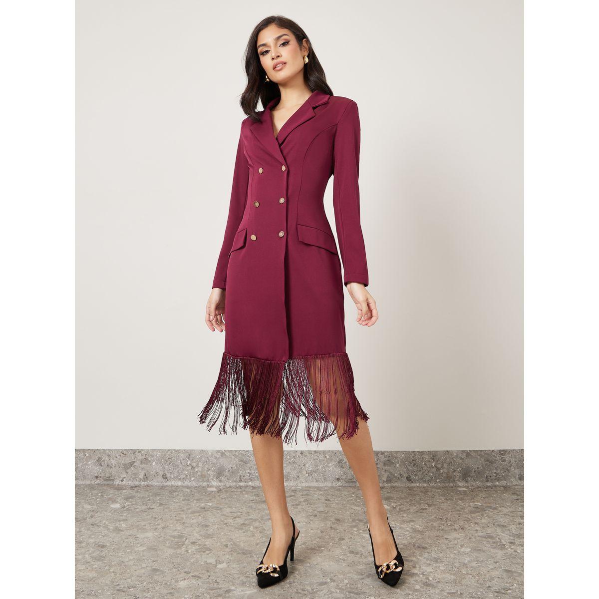 Styli Fringed Edge Detail Blazer Midi Dress-women-clothing-dresses-image-1