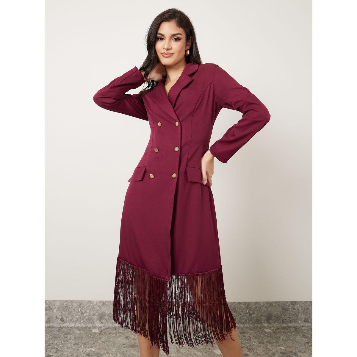 Styli Fringed Edge Detail Blazer Midi Dress-women-clothing-dresses-image-2
