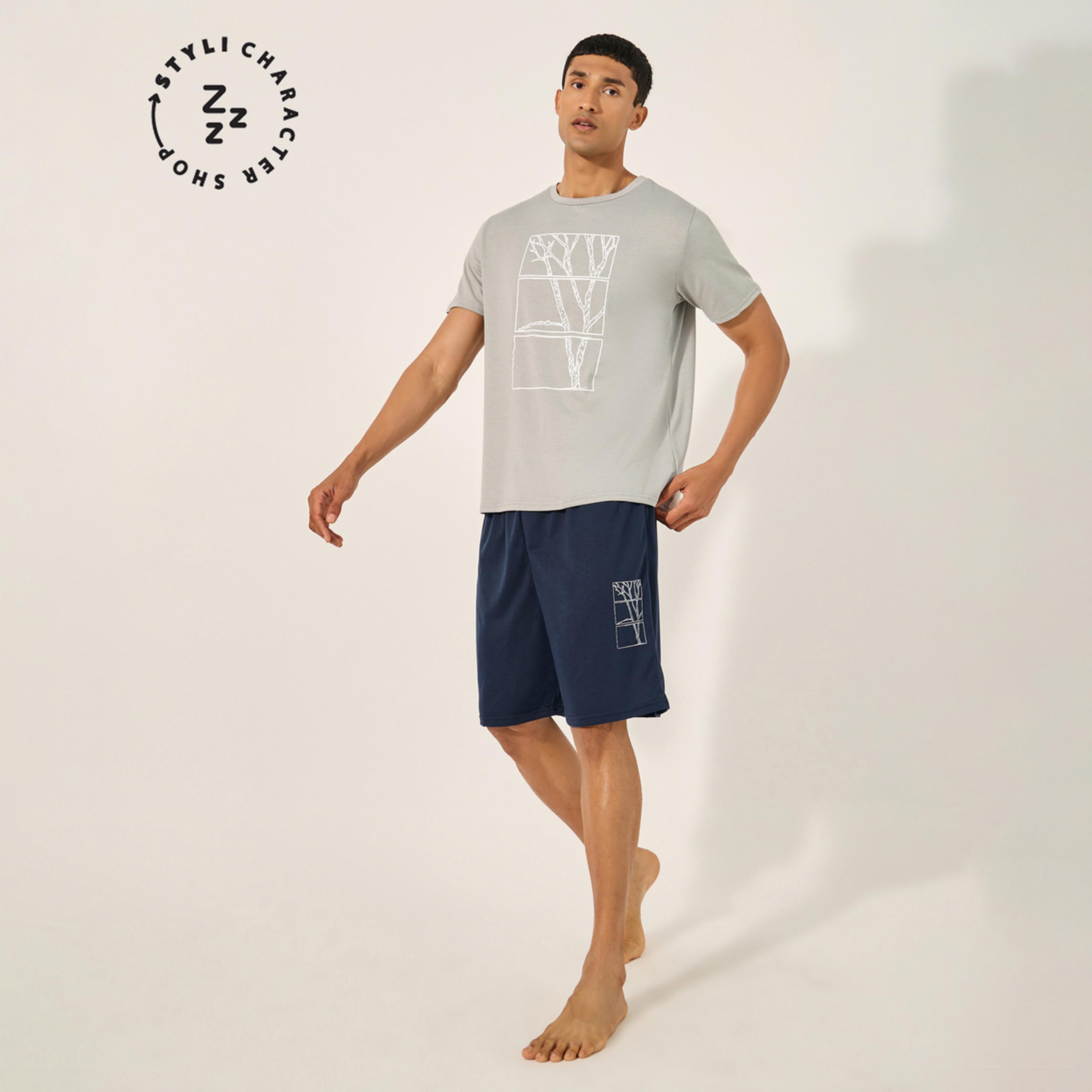 Styli Graphic Print Round Neck T-Shirt and Shorts Pyjama Set-men-clothing-nightwear-sets-image-1
