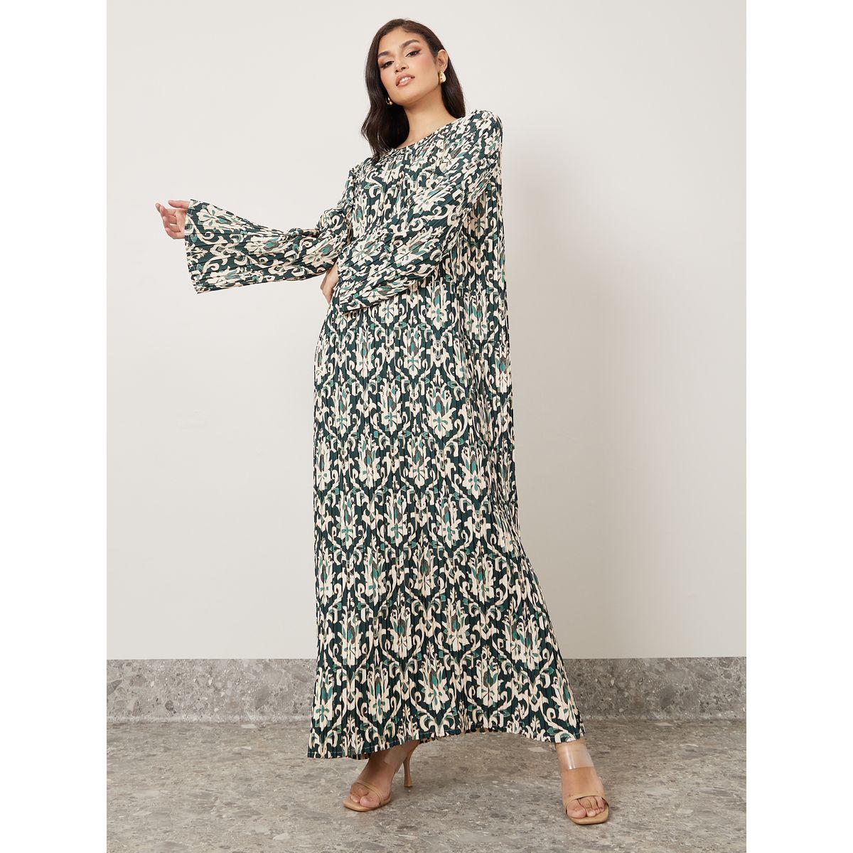 Styli Damask Print Plisse Jalabiya-women-arabicclothing-jalabiyas-image-1
