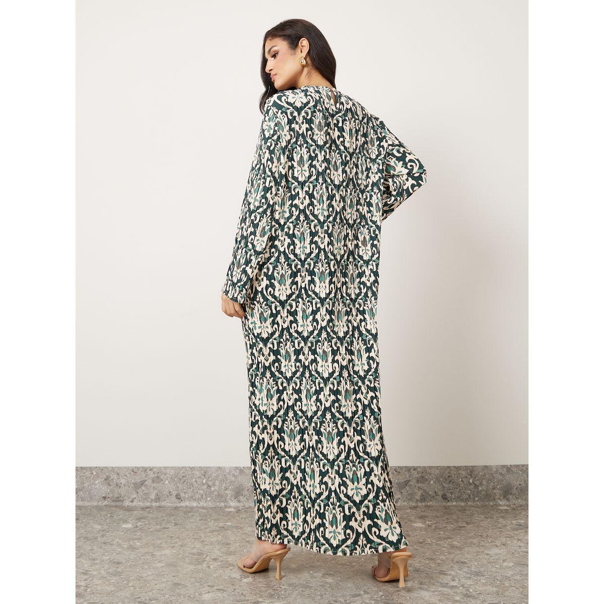 Styli Damask Print Plisse Jalabiya-women-arabicclothing-jalabiyas-image-4