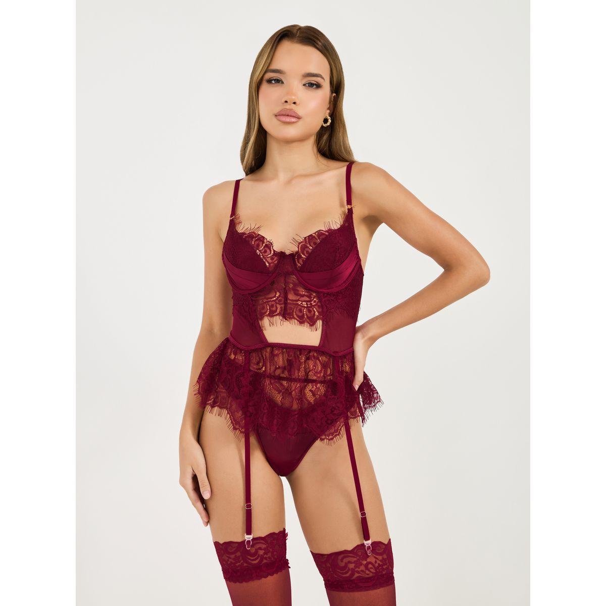 Styli Pack of 3 - Non Padded Wired Eyelash Lace Babydoll, Thong & Stockings-women-clothing-lingerie-corsets-image-2