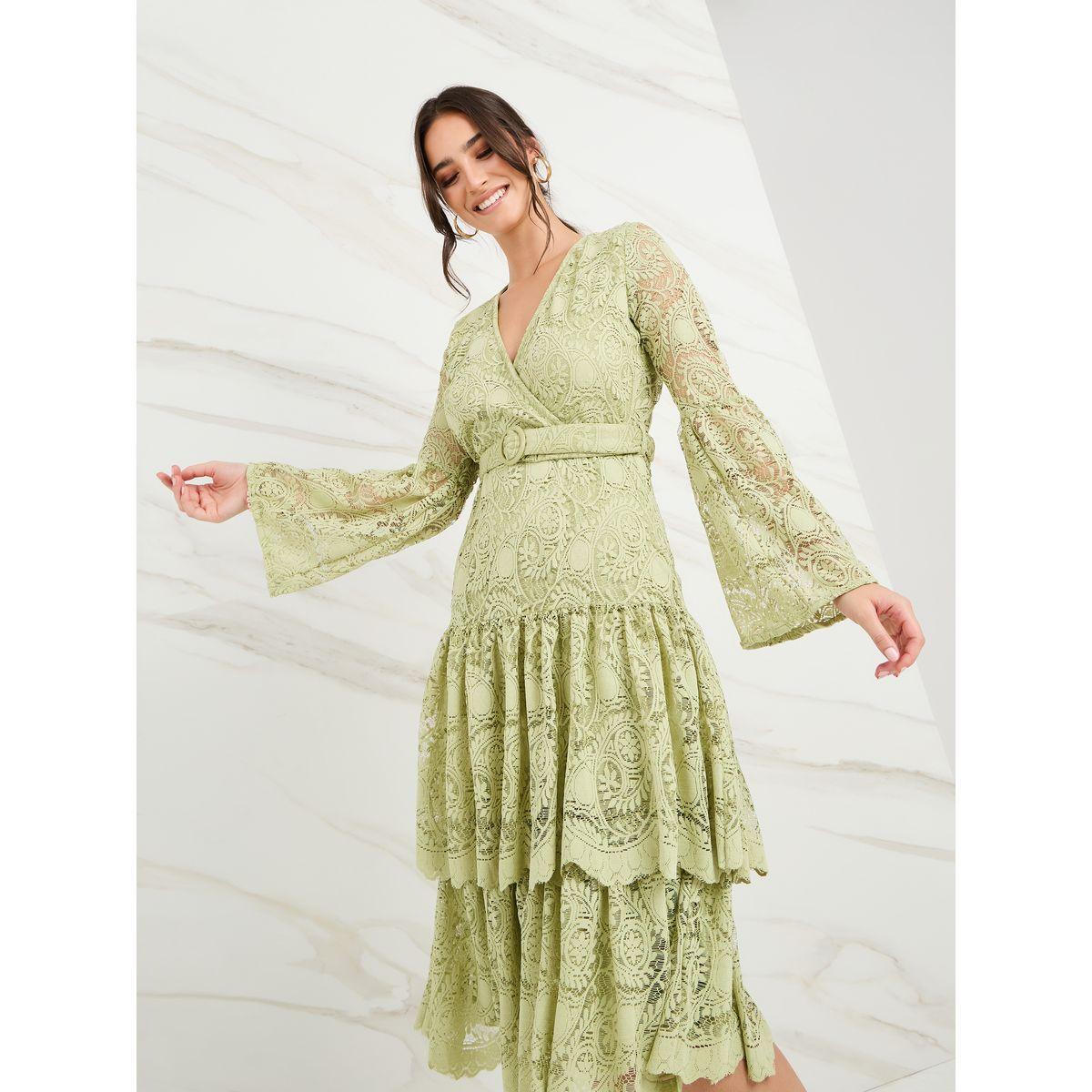 Styli Lace Insert Layered Midi Dress with Belt-women-clothing-dresses-image-1