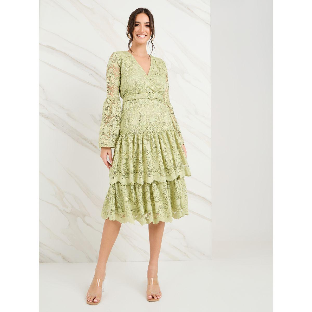 Styli Lace Insert Layered Midi Dress with Belt-women-clothing-dresses-image-2