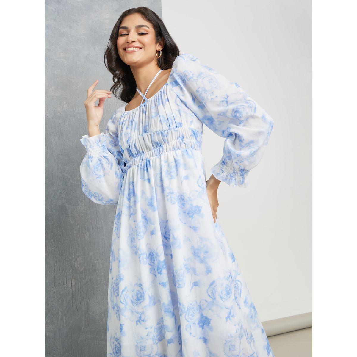 Styli Floral Print Tie-Up Neck A-Line Midi Dress-women-clothing-dresses-image-2
