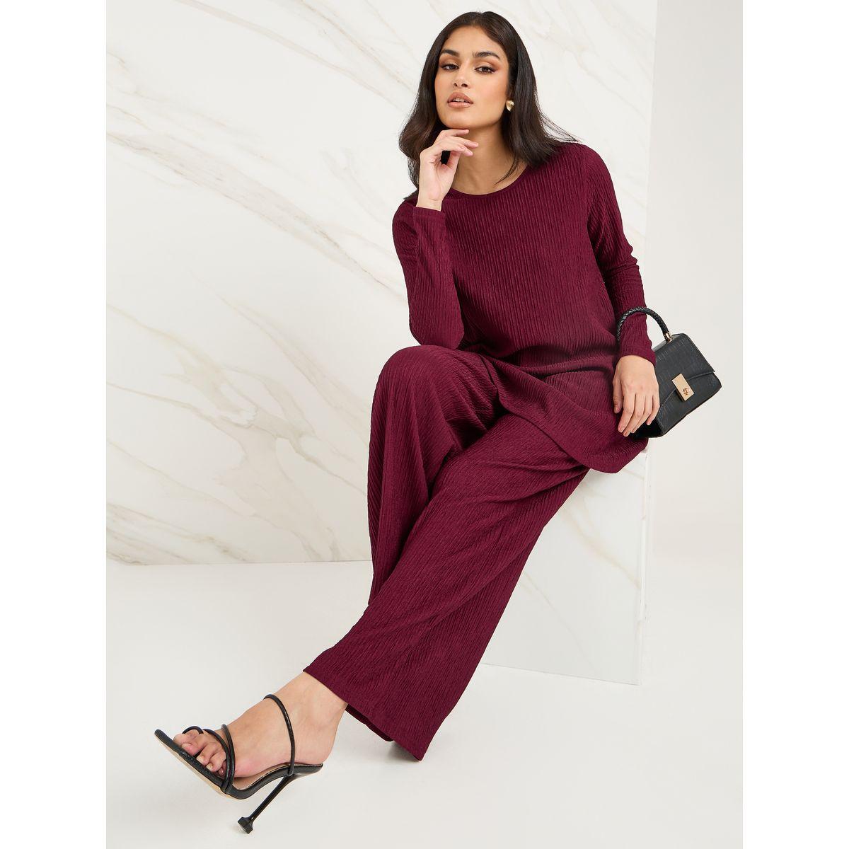 Styli Textured Longline Top & Wide Leg Trouser Modest Set-women-clothing-dresses-image-6