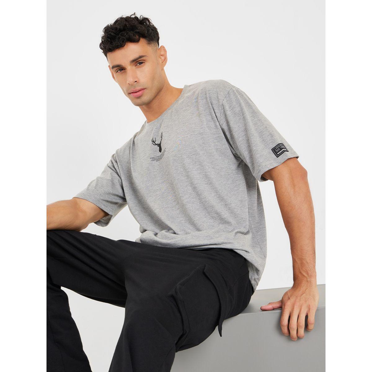 Styli Reindeer Graphic Oversized T-Shirt with Sleeve Badge-men-clothing-tshirtsandpolos-tshirts-image-1