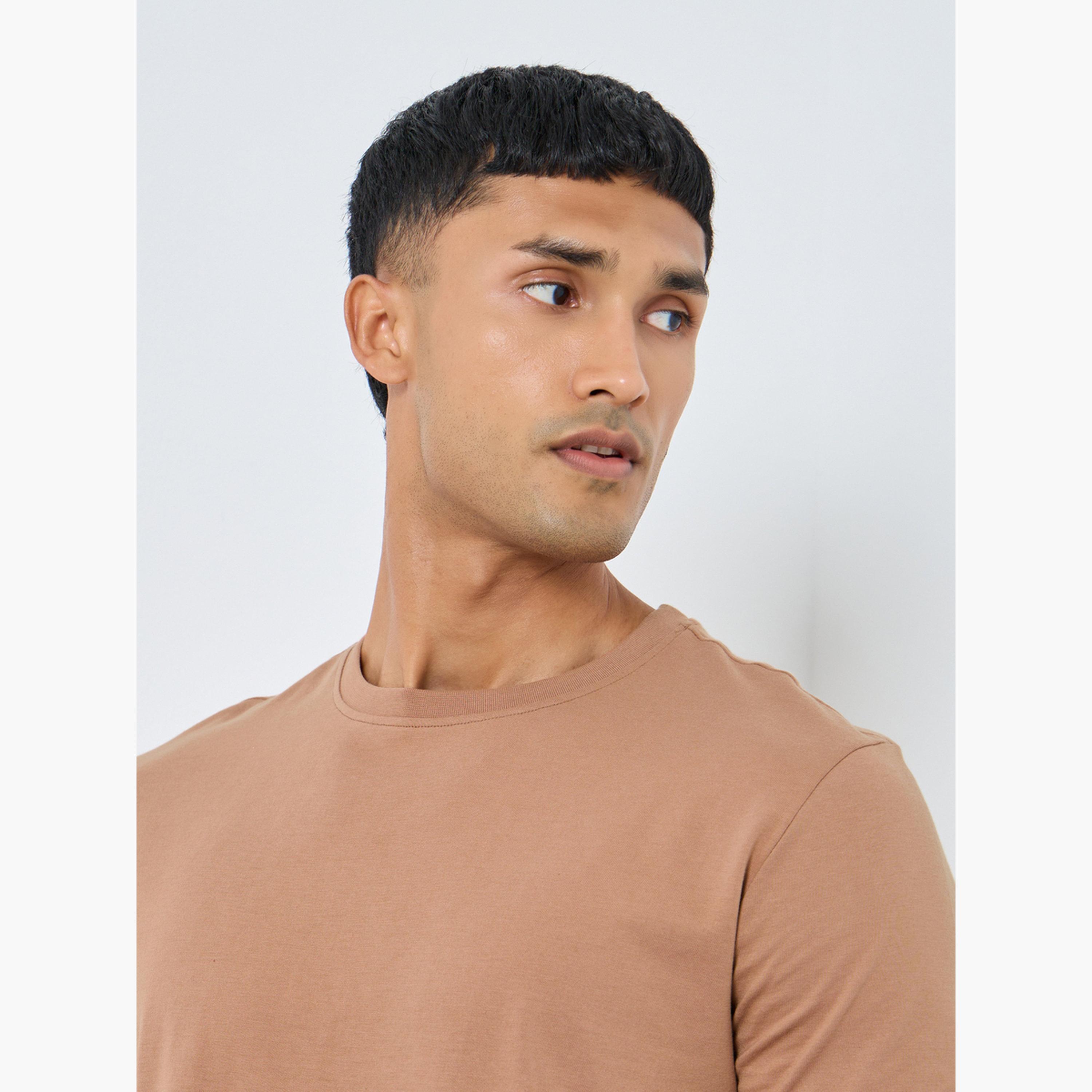 Styli Men Coffee Brown Solid Cotton Blend T-Shirt-men-clothing-tshirtsandpolos-tshirts-image-3