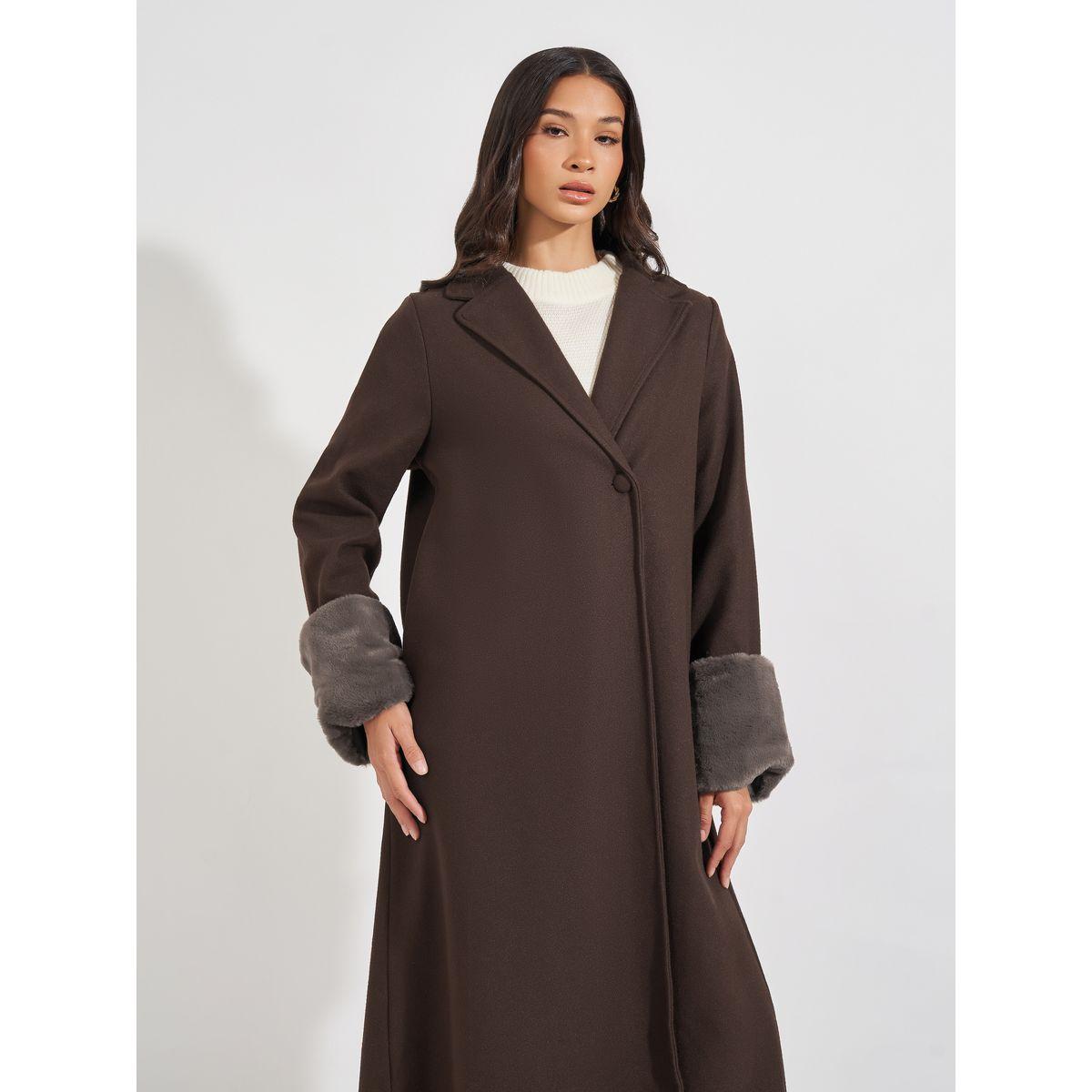 Styli Collared Abaya with Faux Fur Trim Cuff-women-arabicclothing-abayas-image-3