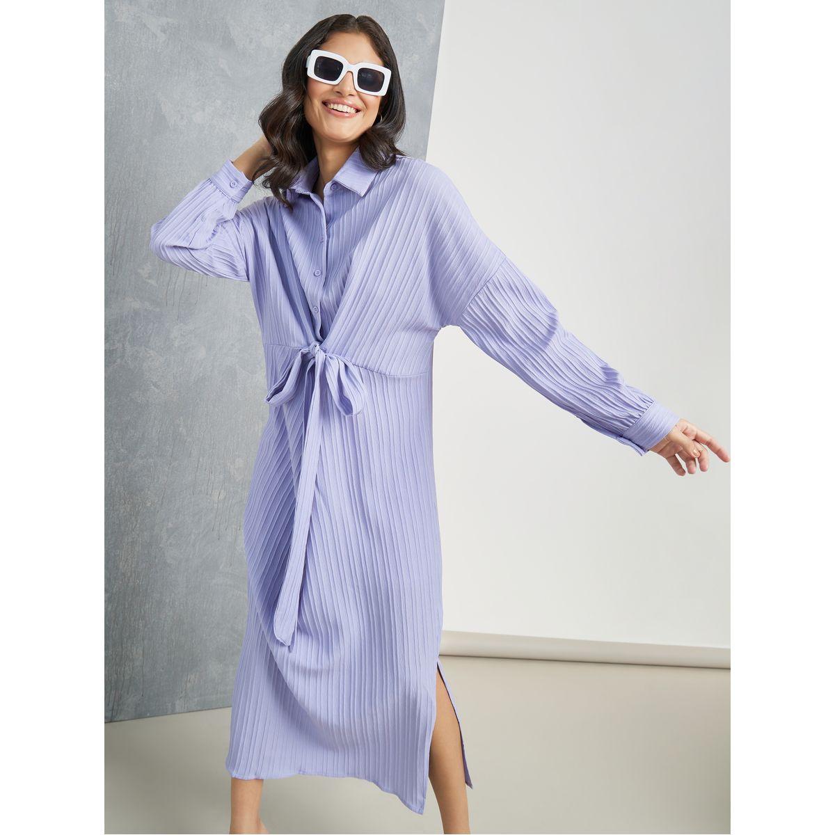 Styli Front Tie Detail Textured Midi Dress-women-clothing-dresses-image-1