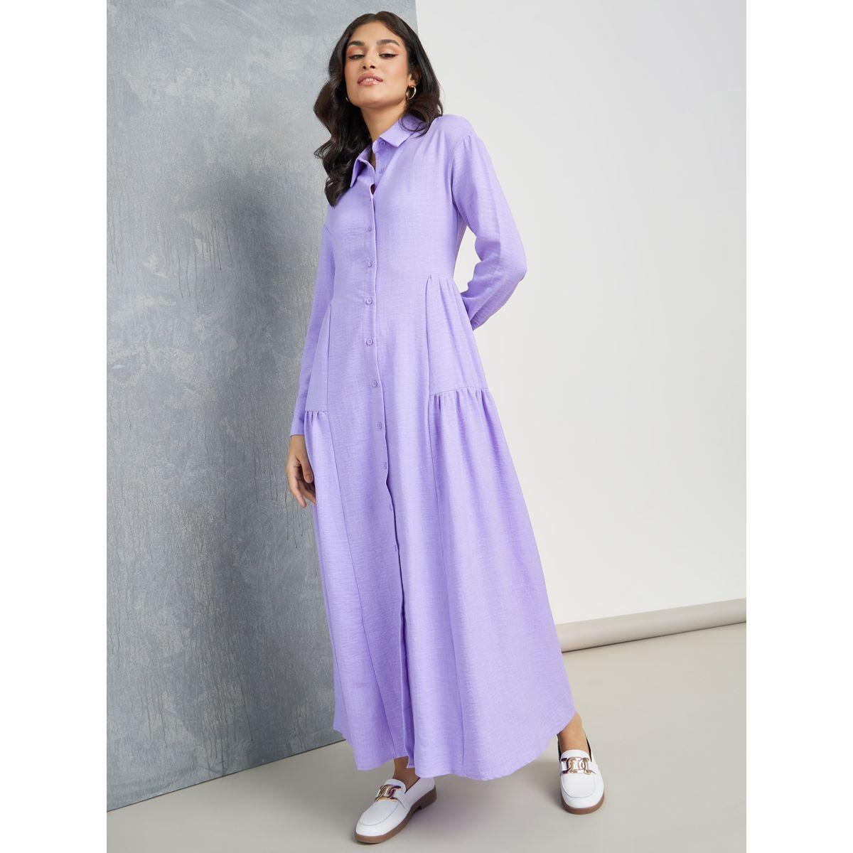 Styli Solid Button Up A-Line Maxi Dress-women-clothing-dresses-image-1