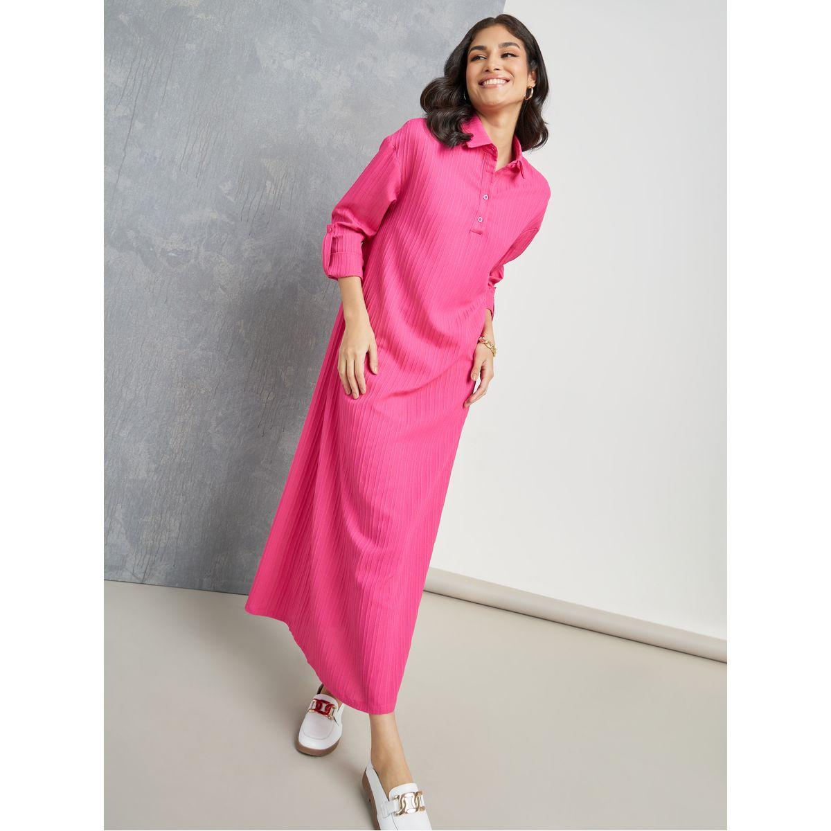 Styli Roll-Up Sleeve Textured Shirt Maxi Dress-women-clothing-dresses-image-1