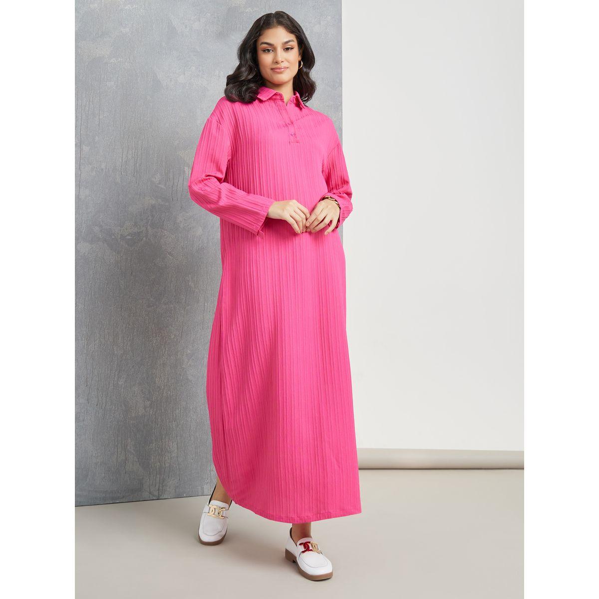 Styli Roll-Up Sleeve Textured Shirt Maxi Dress-women-clothing-dresses-image-2