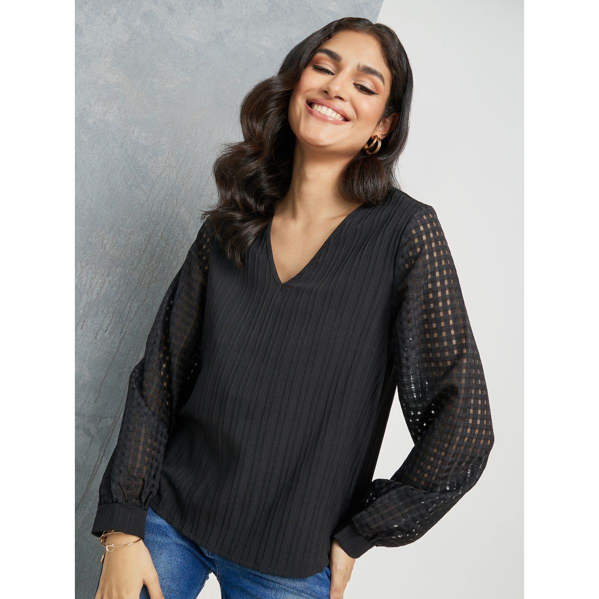 Styli Seersucker Sleeve V Neck Relaxed Fit Top-women-clothing-shirtsandblouses-blouses-image-1