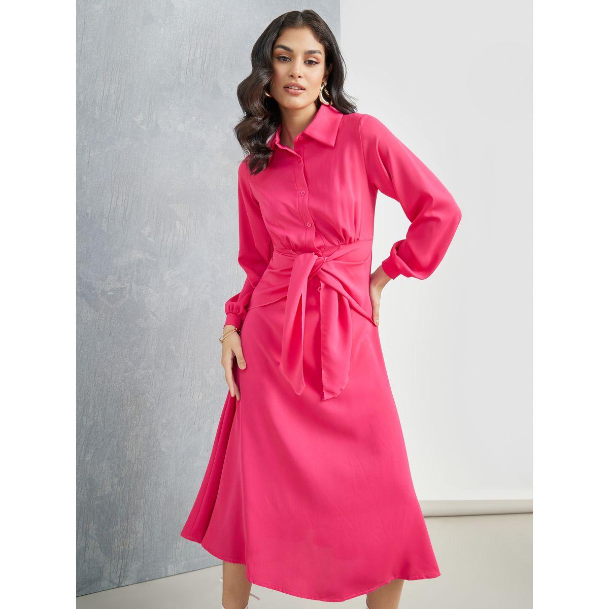 Styli Solid Front Tie Detail Midi Dress-women-clothing-dresses-image-1