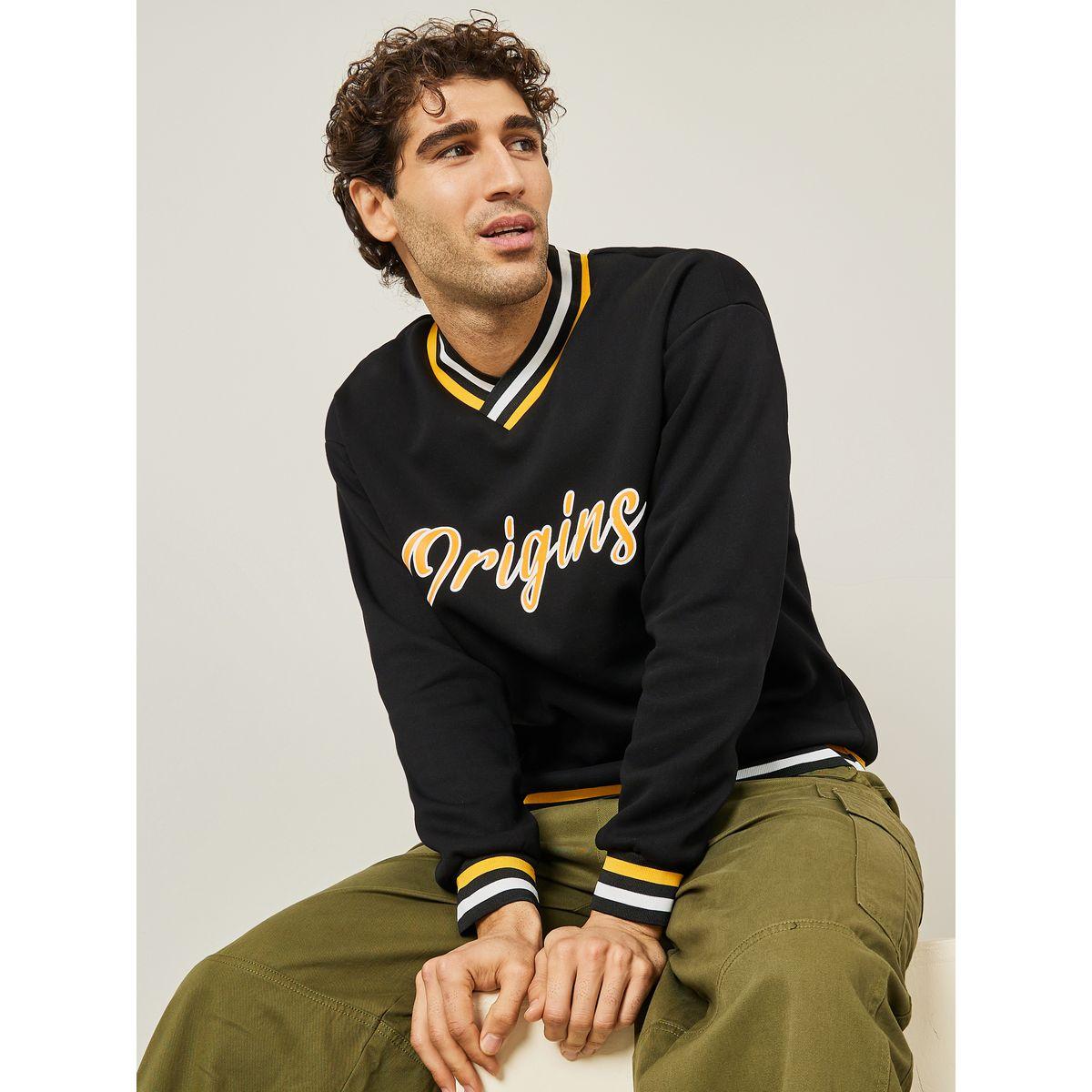 Styli Graphic Print V Neck Ribbed Varsity Sweatshirt-men-winterwear-hoodiesandsweatshirts-image-1