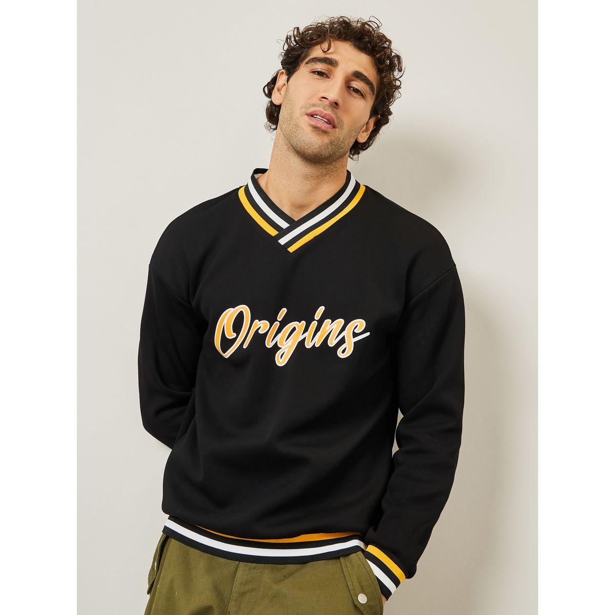 Styli Graphic Print V Neck Ribbed Varsity Sweatshirt-men-winterwear-hoodiesandsweatshirts-image-3