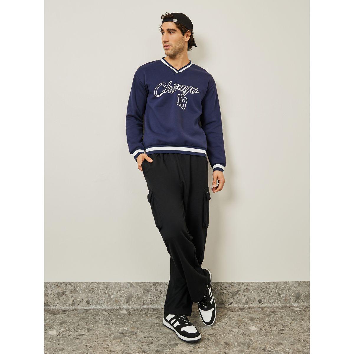 Styli Graphic Print V Neck Ribbed Varsity Sweatshirt-men-winterwear-hoodiesandsweatshirts-image-2