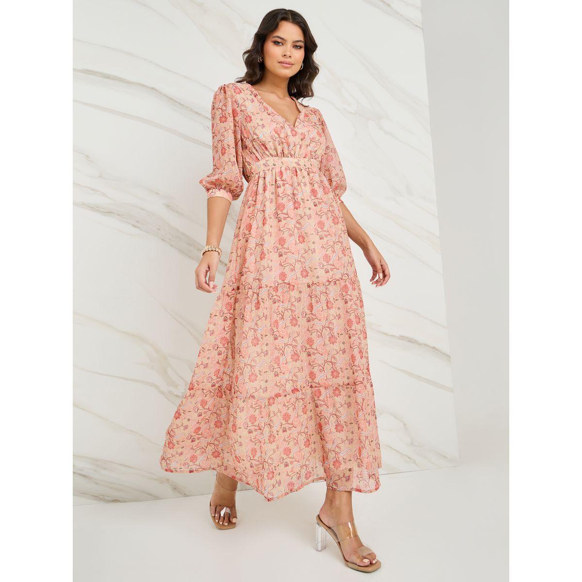 Styli Floral Print Cuffed Sleeve Tiered Maxi Dress-women-clothing-dresses-image-1