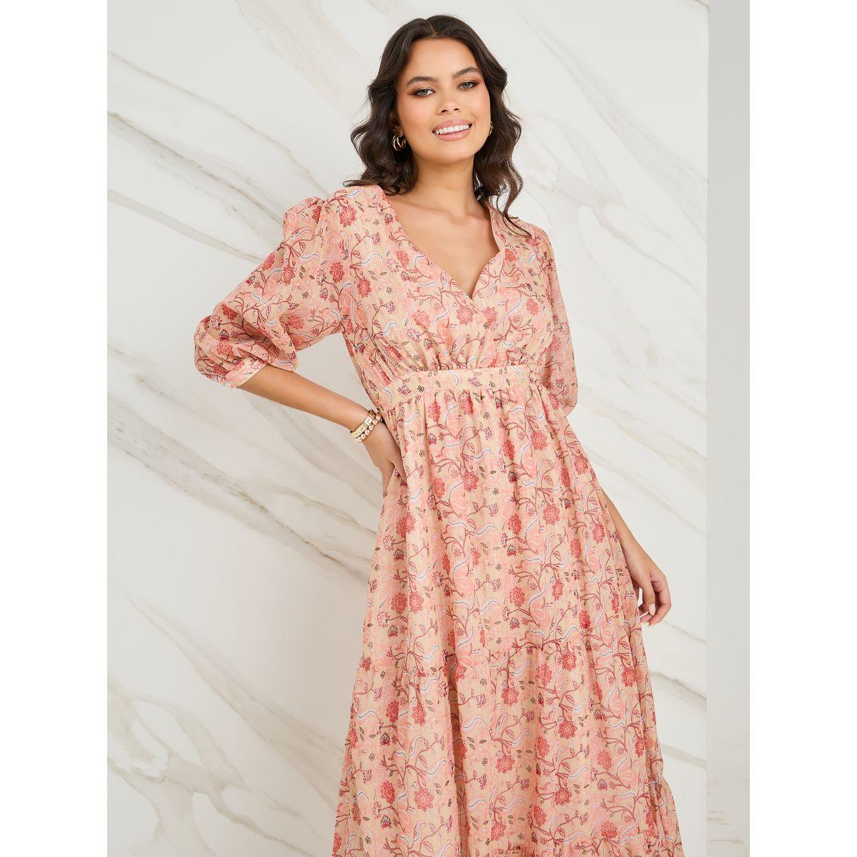 Styli Floral Print Cuffed Sleeve Tiered Maxi Dress-women-clothing-dresses-image-2