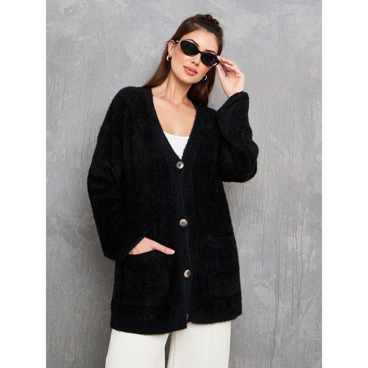 Styli Solid Oversized Furry Button Up Cardigan-women-winterwear-cardigansandjumpers-cardigans-image-1