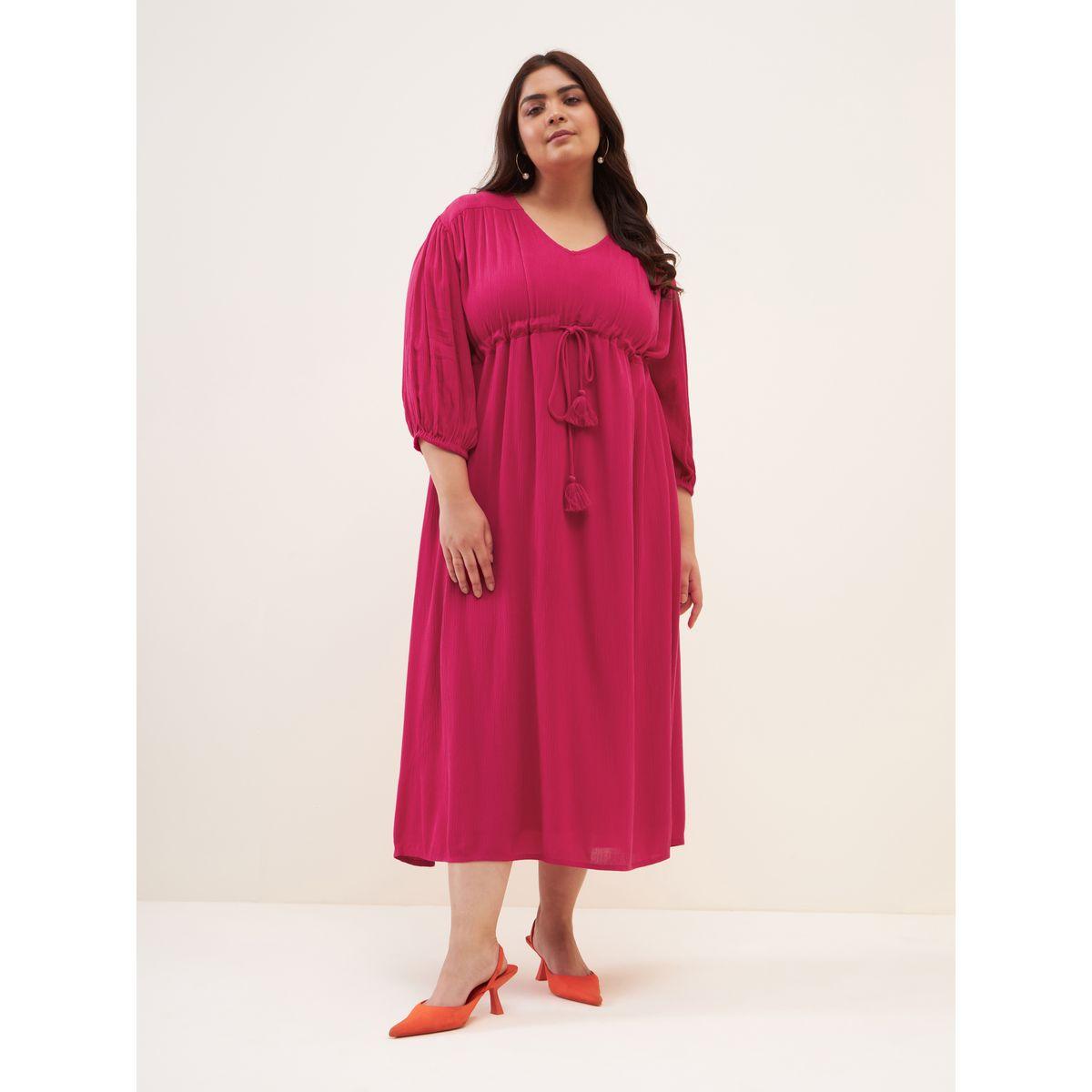 Femella X Styli Plus Drawstring Waist V Neck Midi Dress-women-clothing-dresses-image-1