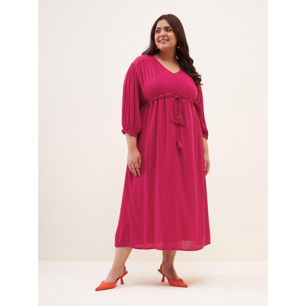 Femella X Styli Plus Drawstring Waist V Neck Midi Dress-women-clothing-dresses-image-2