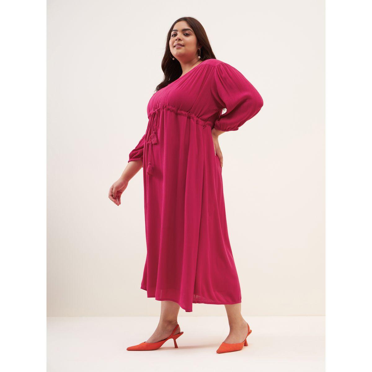 Femella X Styli Plus Drawstring Waist V Neck Midi Dress-women-clothing-dresses-image-3