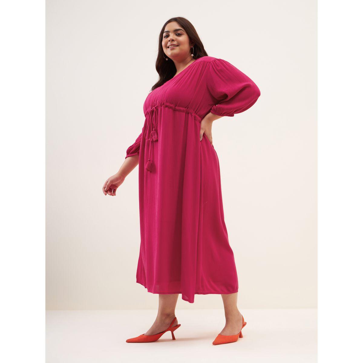 Femella X Styli Plus Drawstring Waist V Neck Midi Dress-women-clothing-dresses-image-4