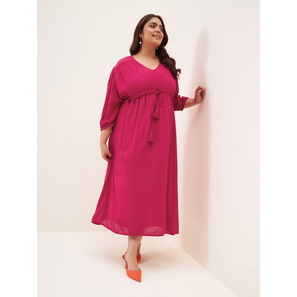 Femella X Styli Plus Drawstring Waist V Neck Midi Dress-women-clothing-dresses-image-5