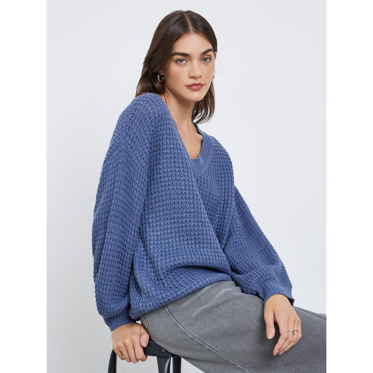 Styli Medium Blue Waffle Knit Oversized Sweater-women-winterwear-cardigansandjumpers-jumpers-image-1