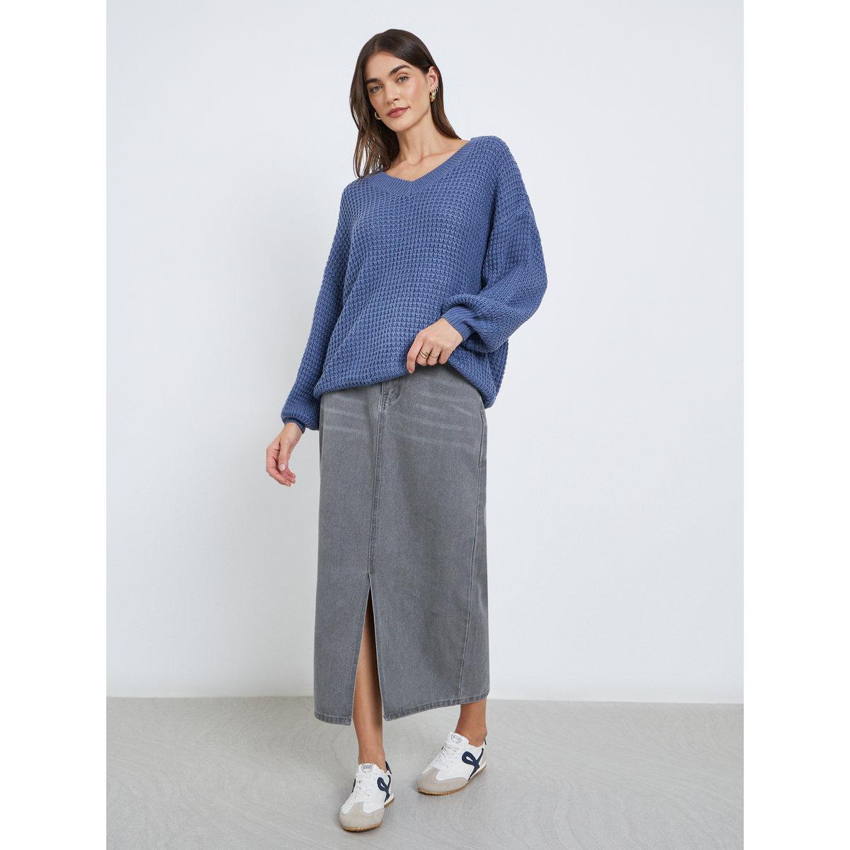 Styli Medium Blue Waffle Knit Oversized Sweater-women-winterwear-cardigansandjumpers-jumpers-image-2