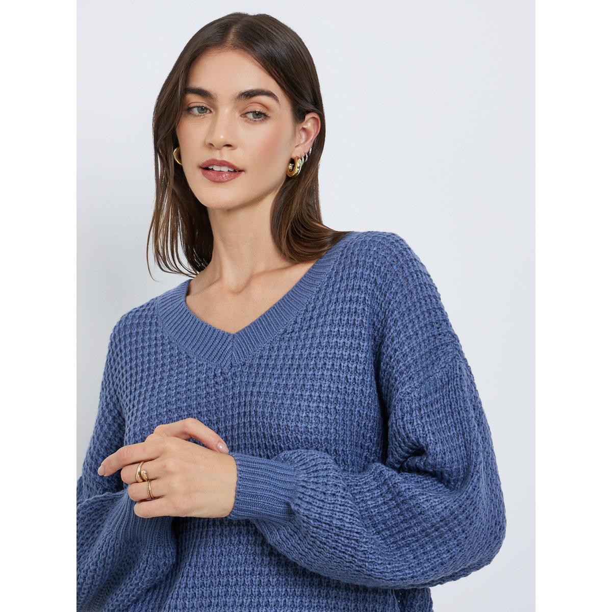 Styli Medium Blue Waffle Knit Oversized Sweater-women-winterwear-cardigansandjumpers-jumpers-image-3