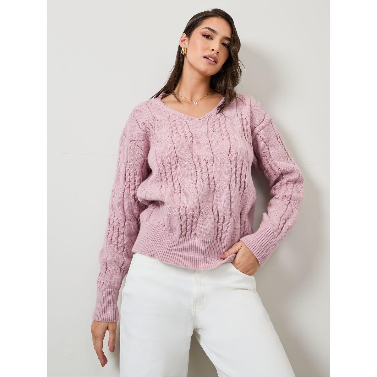 Styli Solid V Neck Cable Knit Sweater-women-clothing-cardigansandjumpers-jumpers-image-1